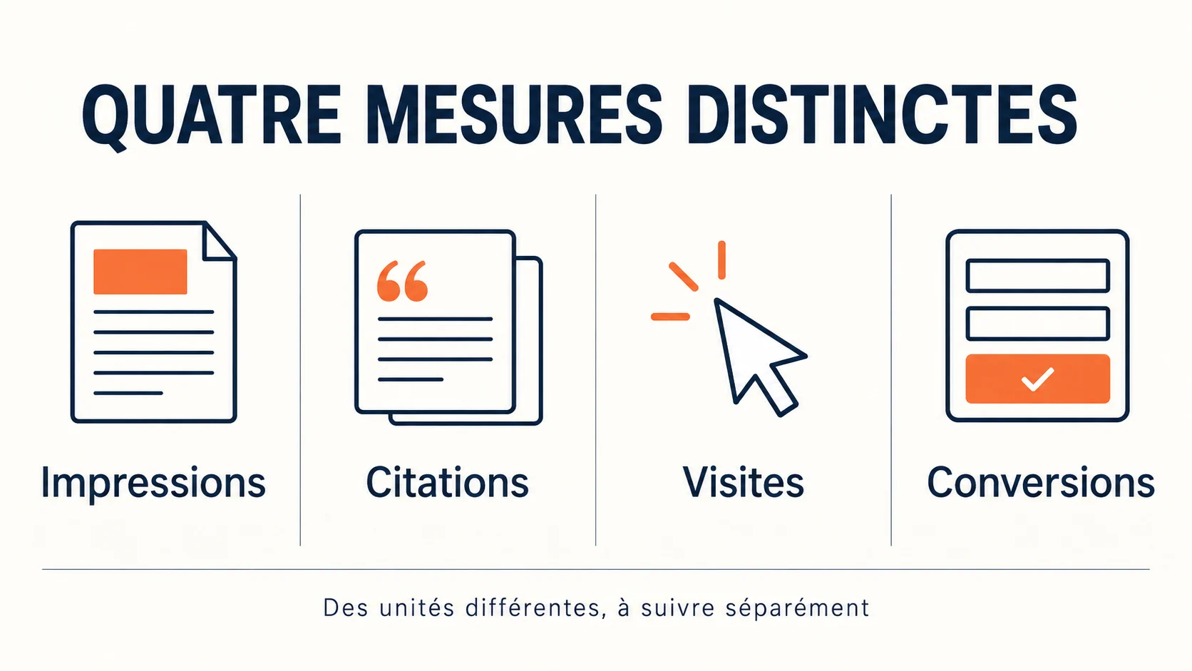 Quatre indicateurs distincts : impressions, citations, visites et conversions.