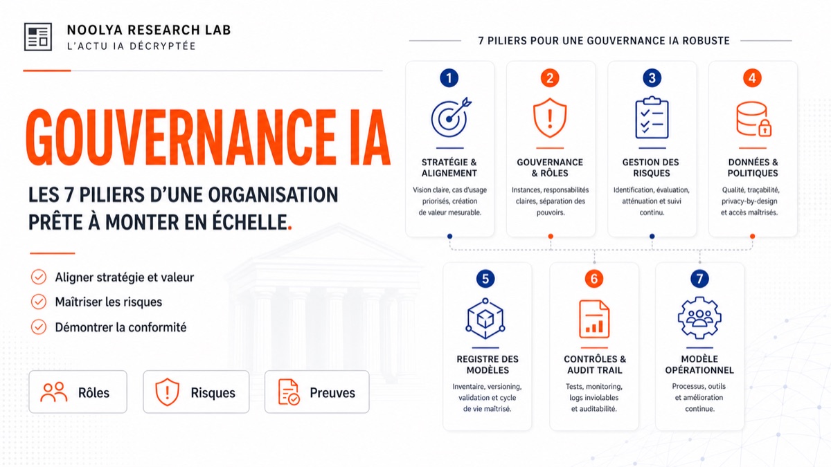 Couverture éditoriale Gouvernance IA : les 7 piliers d’une organisation prête à passer à l’échelle