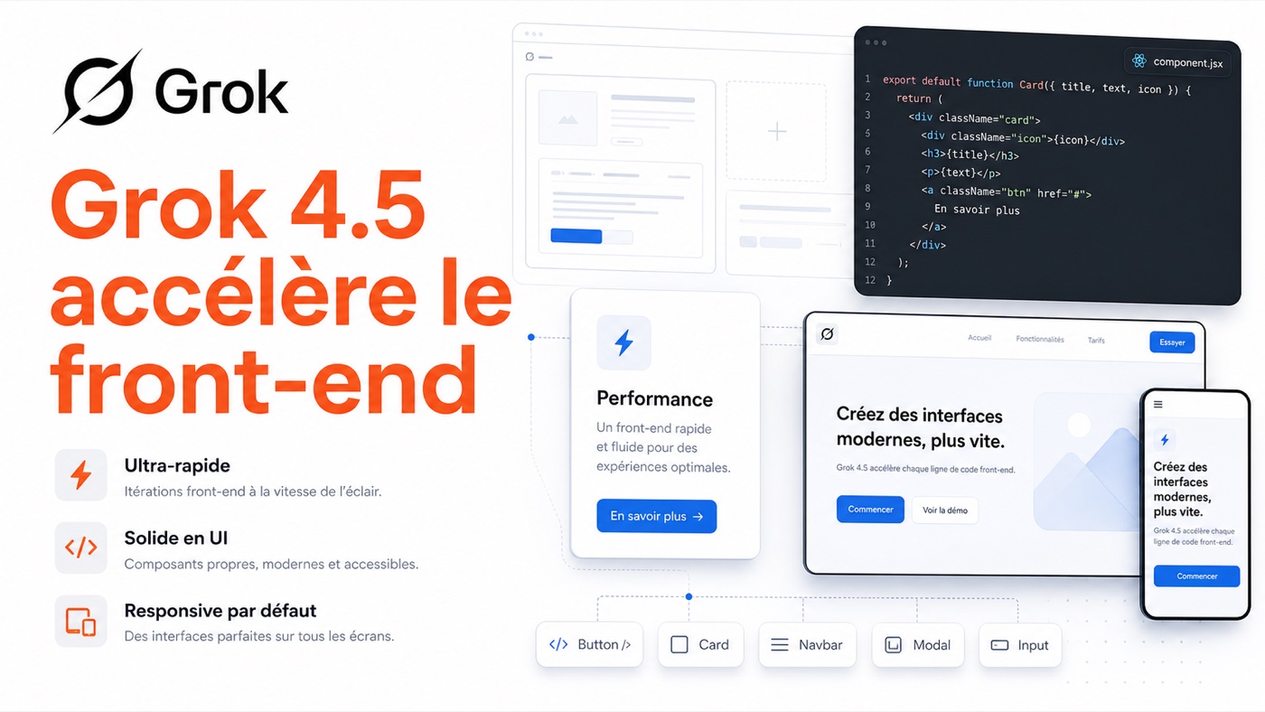 Visuel éditorial Grok 4.5 accélère le front-end avec logo Grok réel et interface web