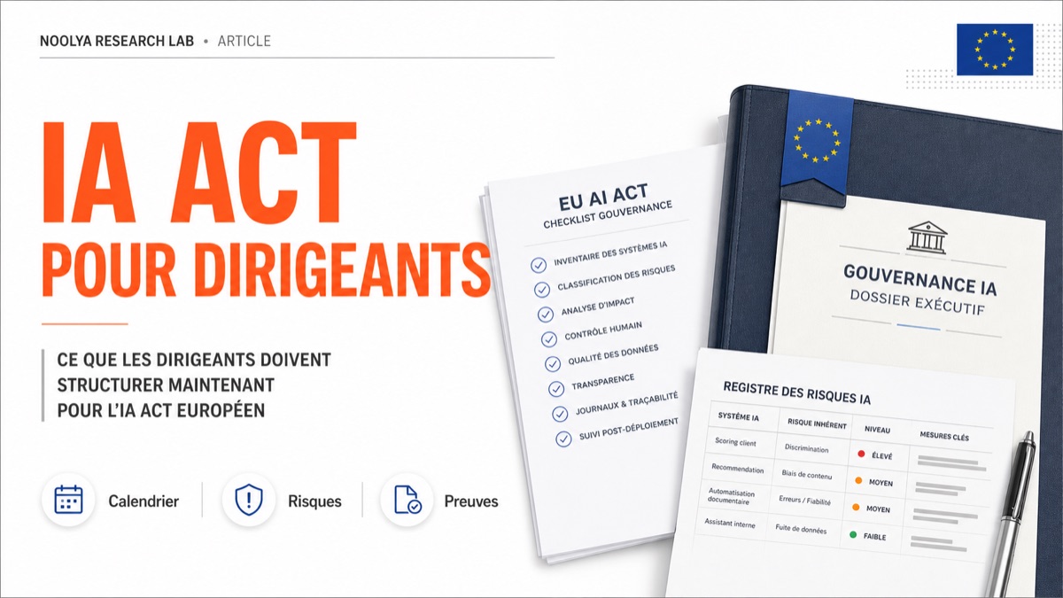Couverture éditoriale IA Act pour dirigeants avec dossier de gouvernance et registre des risques