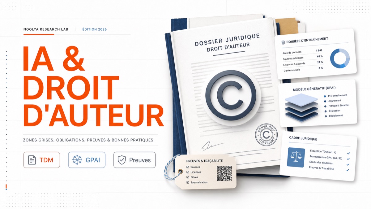 Couverture éditoriale sur l'IA générative et le droit d'auteur avec dossier juridique et cartes de données