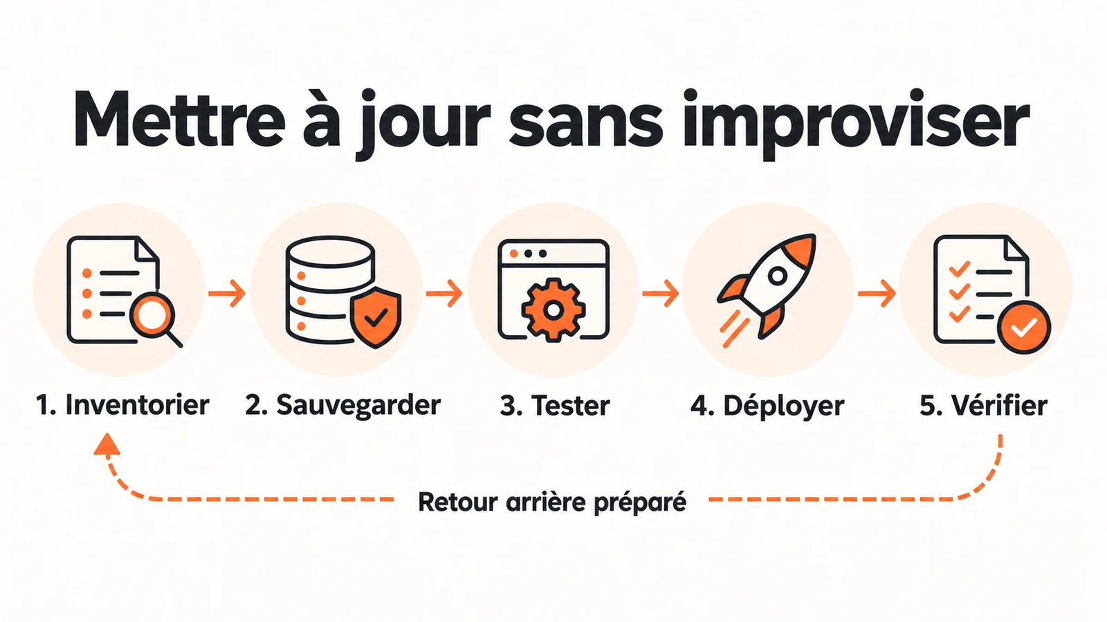Inventorier, sauvegarder, tester, déployer et vérifier, avec un retour arrière préparé.
