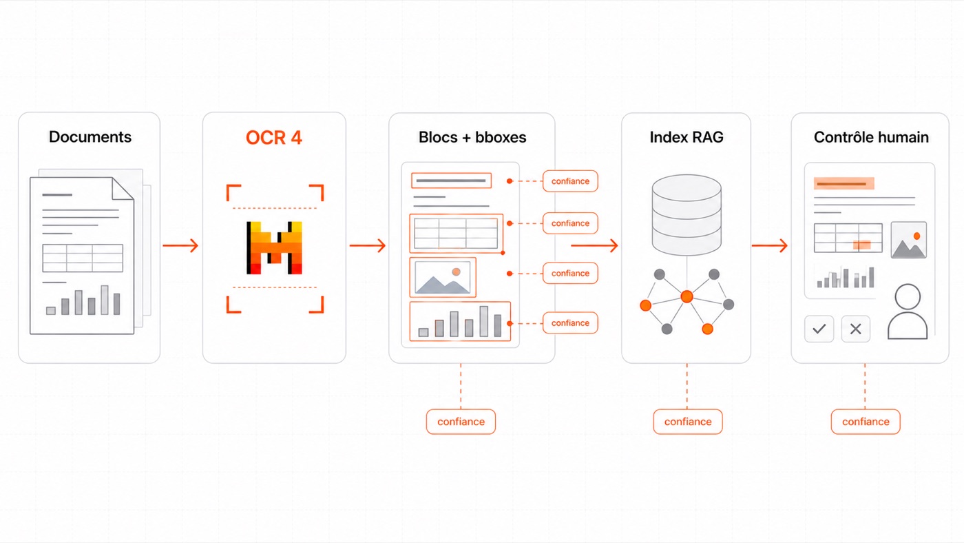 Pipeline documentaire avec Mistral OCR 4, blocs, bounding boxes, index RAG et contrôle humain.