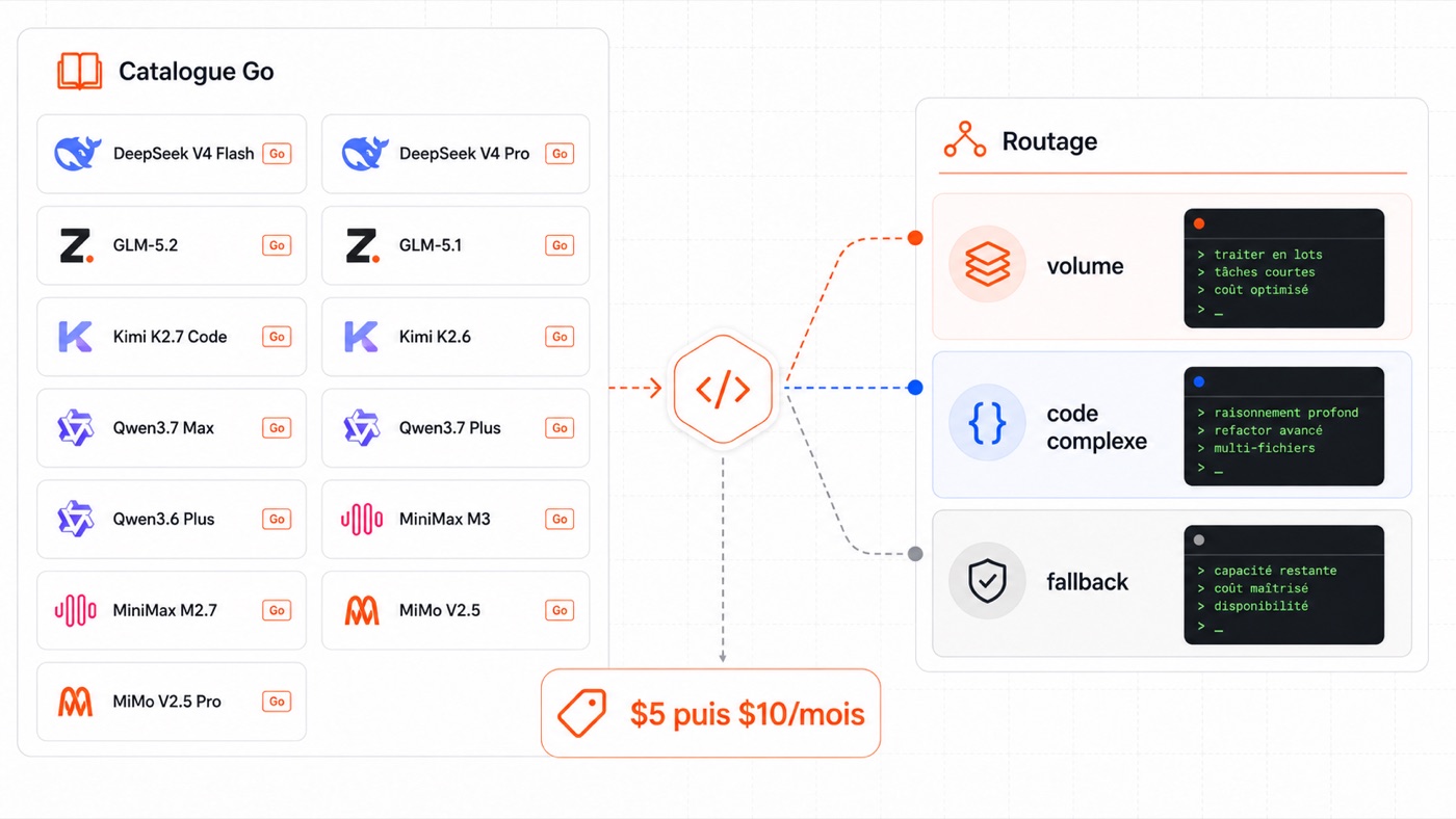 Catalogue OpenCode Go avec DeepSeek, GLM, Kimi, Qwen, MiniMax et MiMo, puis routage par type de tâche.